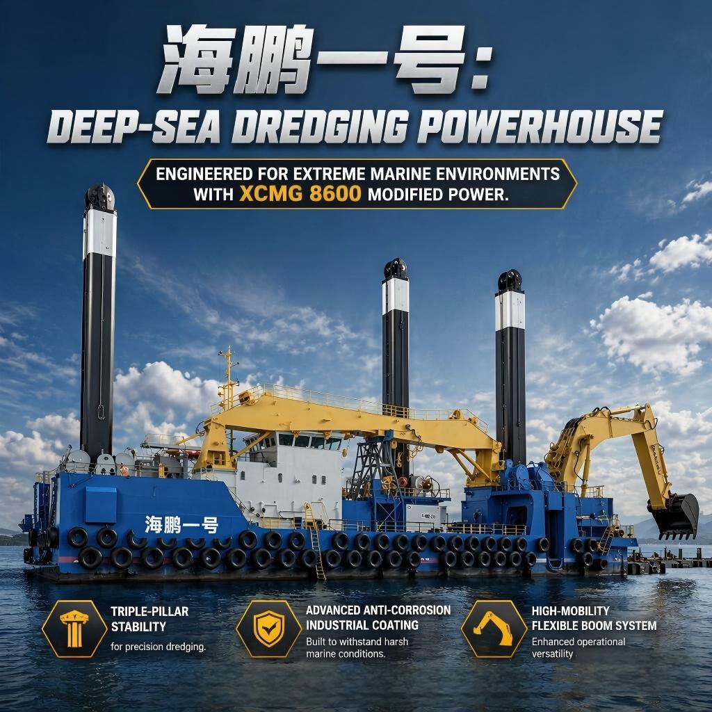A brand-new, custom-designed, large backhoe dredger equipped with self-propelled power and a XCMG XE8600 excavator.